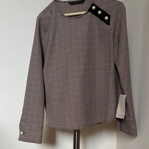 New with Tags Zara Brown,Black Cream and Gray Houndstooth Blouse